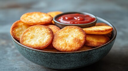 Crispy, round snacks in a bowl, with ketchup
