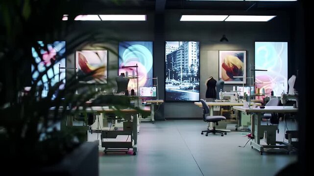 Captivating Interior of a Tailor Workshop with Rows of Sewing Machines on Light Wooden Tables Under Bright Lighting Displaying Large Artistic Light Boxes Mannequins in Various Sizes and Shapes