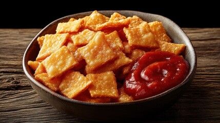 Crispy, square snacks in a bowl with ketchup
