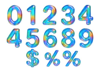 3D glass holographic numbers 0-9, symbols with rainbow gradient balloon texture.