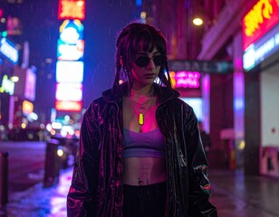 &bdquo;Cyberpunk fashion and futuristic urban lifestyle with neon lights and high-tech clothing.&ldquo;