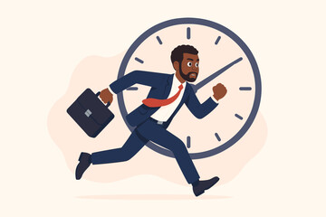 Obraz premium African American businessman running with a briefcase in front of a big clock. Business deadline, time management, and efficiency concept. Hurried manager racing against time.