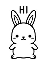 Cute black and white cartoon rabbit saying HI isolated illustration
