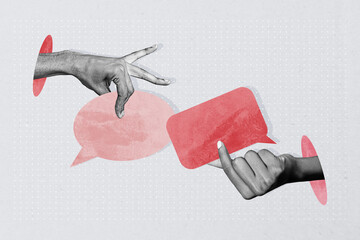 3D collage trend artwork composite sketch poster of tag balloon bubble comic message two hands hold speech cloud conversation copyspace