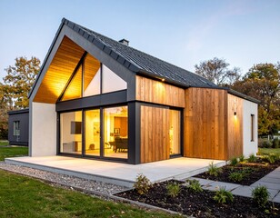 Modern Home Exterior with Gable Roof and Large Windows