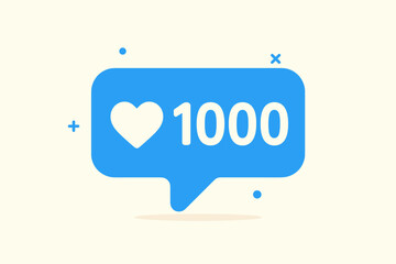 Social media 1000 likes notification with heart icon. Blue speech bubble for web and app design. Follower count, user engagement, online success, and popularity concept vector.
