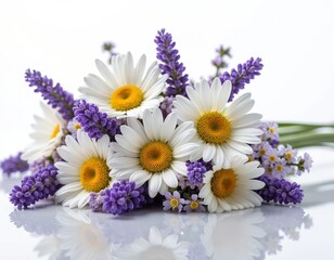 Beautiful bouquet of white daisies and purple lavender flowers arranged artfully. Delicate floral composition evokes calmness and nature. Perfect for spa, wellness, or spring decor.