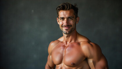 Fototapeta premium Young man in sportswear performing dynamic stretching pose on soft blurred natural background, demonstrating flexibility and strength.