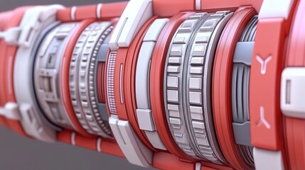 Detailed abstract rendering of a futuristic object with red, white and gray components