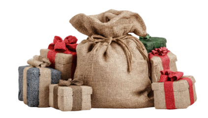 A stack of presents, including a large burlap sack,  festive and layered.  Colorful ribbons and gift wraps in various shades adorn the presents