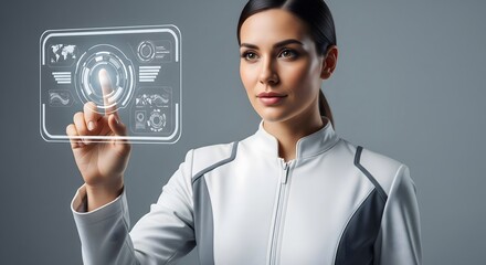 Businesswoman Interacting with a Futuristic Holographic Interface