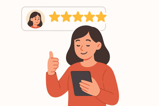 Customer review 5 stars. Woman with tablet giving positive feedback. Thumbs up for best service quality. User experience rating concept. Excellent satisfaction survey.