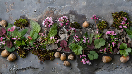 Stunning floral and acorn arrangement with moss and water droplets, perfect for nature-inspired designs