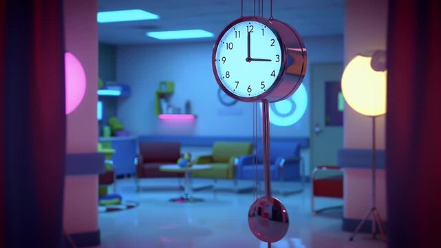 Captivating Interior of Children's Hospital Play Area Featuring Hanging Pendulum Clock Waiting Area with Colorful Furniture under Soft Diffused Lighting Framed by Pink and Blue Curtains Evoking