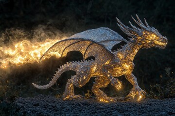 Fototapeta premium Majestic dragon illuminates the night sky with waves of light, transforming darkness into radiant day