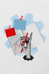 Poster image vertical collage of business hand show notepad gearwheel setting arrow progress notes...