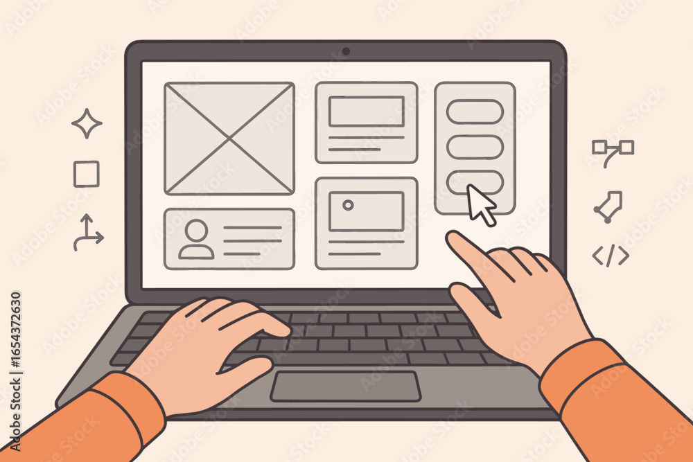 Fototapete ux ui design concept. person working on laptop. prototyping and wireframing process. app development