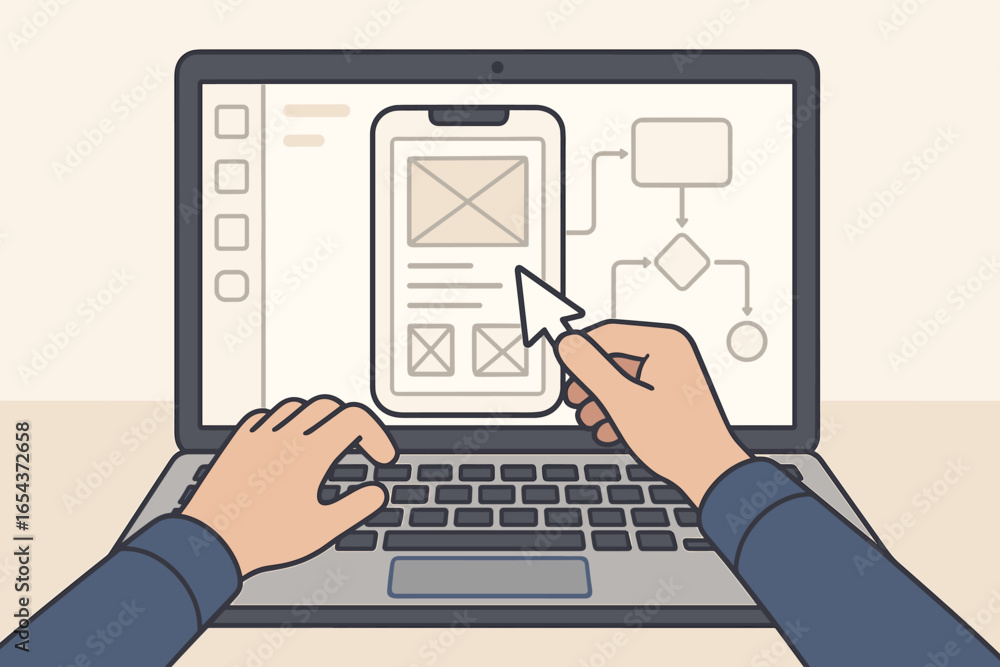 Poster ux ui design concept. designer hands on laptop creating website wireframe, sitemap and user flow dia