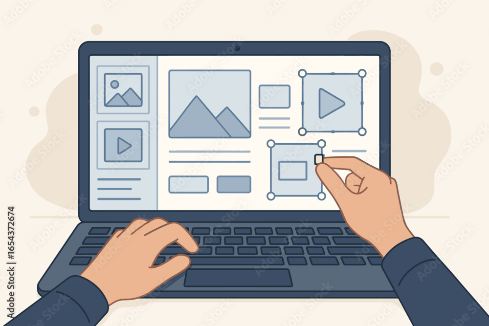 Poster ux ui designer at work. person creating website structure or mobile app interface on laptop. web des