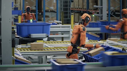 3D Animation: Time-lapse of Autonomous AI-Enabled Humanoid Robot Works at Fulfillment Center, Moving and Sorting Packages. Automated Logistics Center. Human Like Robots Work in Industrial Environment - Powered by Adobe