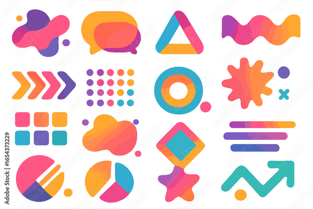 Poster set of abstract geometric shapes and modern icons. colorful gradient fluid elements for graphic desi