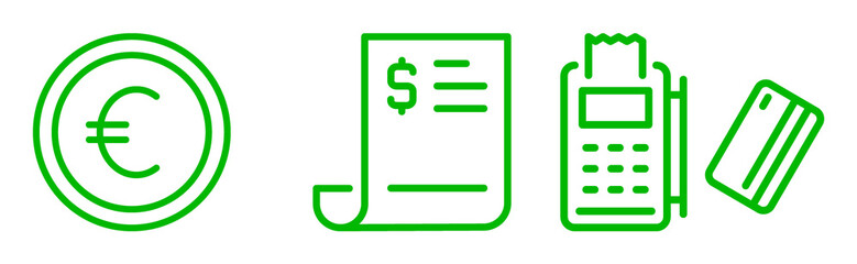 Green Line Art Icons: Euro Coin, Receipt, Payment Terminal, Credit Card;  Simple, Modern Financial...