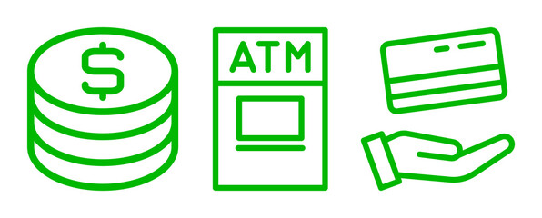 Green Line Art Icons: ATM, Credit Card, Coins, and Hand; Financial Transaction Concept; Modern,...