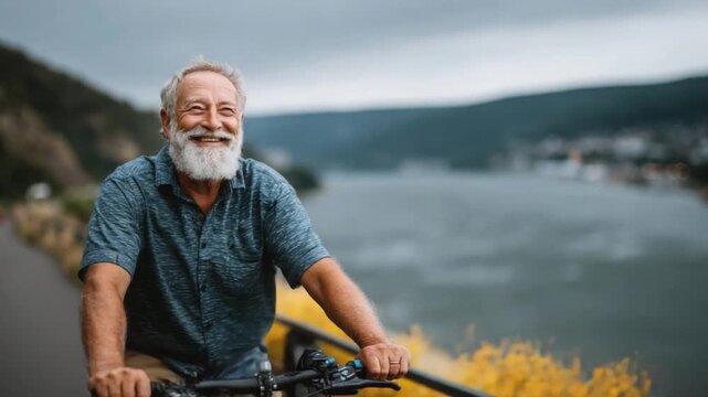 Happy elderly man riding bicycle near riverbank with scenic landscape in background, showcasing active lifestyle and joy of retirement