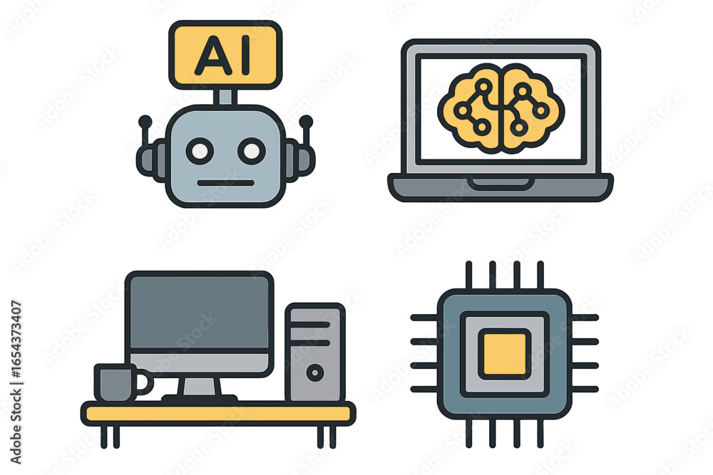 Poster artificial intelligence vector icon set. flat cartoon illustration of ai robot, machine learning bra