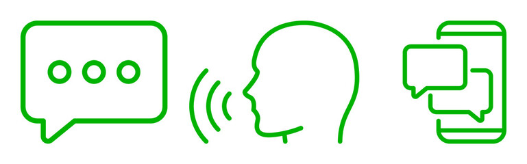 Green Line Art Icons: Voice Messaging, Text Chat, Smartphone Communication; Modern, Minimalist Design;  Clean, Simple Style for App, Website, or UI.