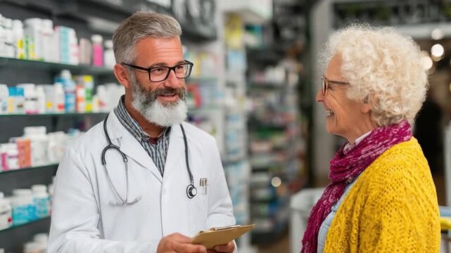 Cheerful pharmacist consulting with elderly woman in pharmacy, discussing health advice and medication in modern pharmacy environment, friendly interaction