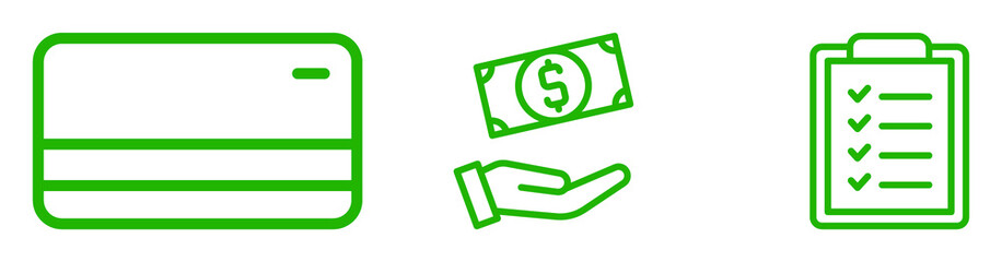 Green Line Icons: Credit Card, Cash Payment, Checklist;  Financial Transaction, Budget Planning,  Expense Tracking,  Simple, Modern Design, Positive,  Successful Business Concept.
