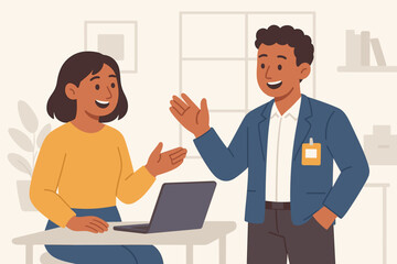 Friendly workplace. Colleagues talk. Office communication. Teamwork collaboration. Business people discussion. Happy man woman at work. Corporate culture. Partnership success.