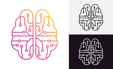 Set of Artificial Intelligence AI Icons and Logos – Machine Learning, Neural Networks, Automation, Smart Tech, Data, Circuits, Microchips, and Digital Innovation Vector Icon Concepts