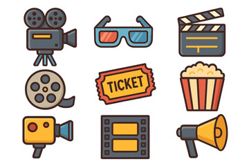 Cinema and movie icon set. Film production and entertainment equipment collection. Vector cartoon illustration of a camera, 3D glasses, ticket, popcorn, clapperboard, film reel.