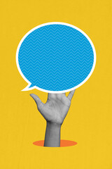 Zine vertical image artwork collage of hands hold fingers bubble communication chatterbox...