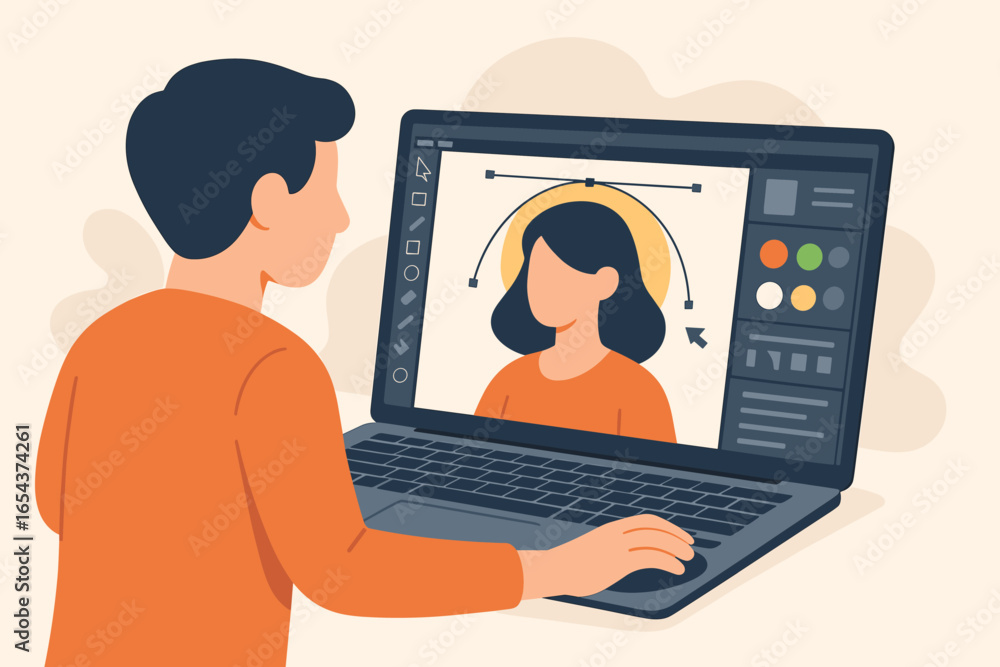Fototapete graphic designer working on laptop computer. man creating vector illustration in software. artist dr