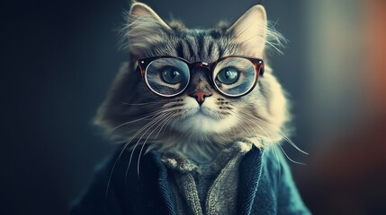 Wallpaper – stylish portrait of a cute cat wearing glasses and clothes, adorable pet animal illustration with trendy fashion accessories, perfect for funny cat wallpaper, digital art, and creative des