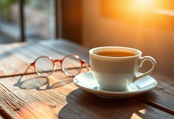Sunlight warms glasses beside a calming teacup on rustic wood, tranquil, wood texture