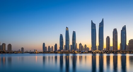 Fototapeta premium Futuristic city skyline at sunset with modern skyscrapers reflecting in calm blue water under a golden hour sky