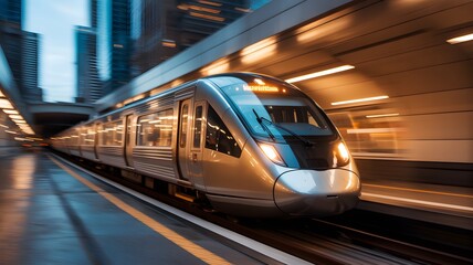 Fototapeta premium A sleek, modern train speeds through a well-lit urban station, capturing the essence of efficient city transit.