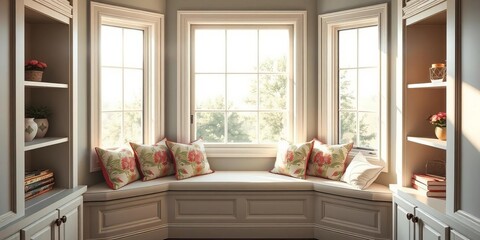 Sunlit window seat nook, built-in shelves, floral cushions, tranquil atmosphere,  bookshelves,   vintage