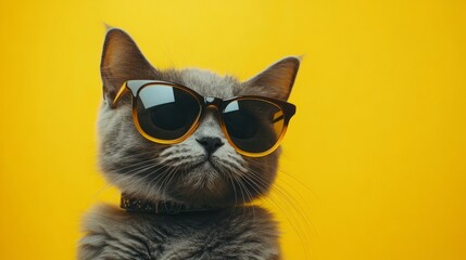 Close up portrait of a cute british shorthair cat wearing stylish sunglasses on a bright yellow background, funny and adorable kitten in eyeglasses showcasing fashion style, cool pet concept, and play