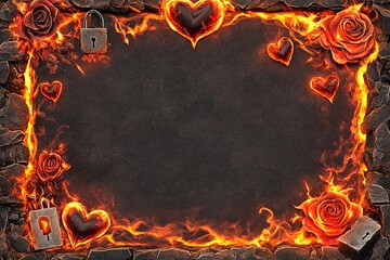 Volcanic ember frame with molten hearts creating a fiery romantic atmosphere for special events