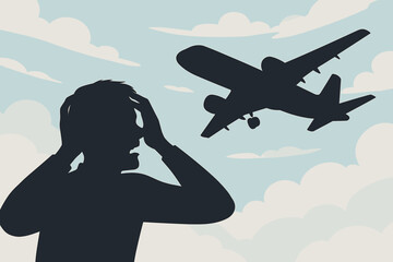 Fear of flying vector concept. Man with aerophobia or aviophobia having a panic attack. Stressed person silhouette with airplane. Psychology, mental health and anxiety issues.