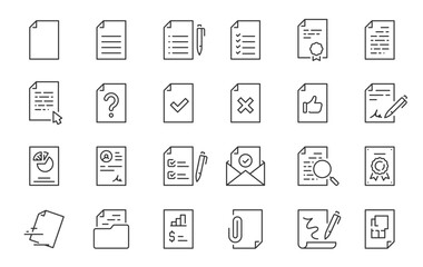 Document web icons in line style. Clipboard, certificate, accept, approved, invoice, archive, collection. Vector illustration.