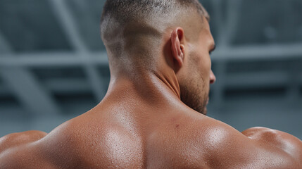 Naklejka premium Muscular man back close up showing sweat and skin texture during workout in gym environment with focused strength and fitness effort