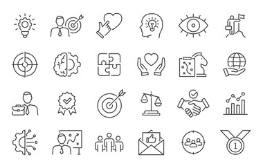 Core Values web icon set in line style. Innovation, integrity, customers, accountability, teamwork, goals, motivation collection. Vector illustration.