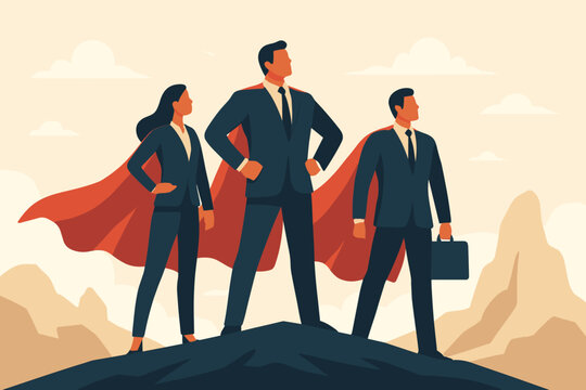 Business superheroes team concept. Metaphor for success, leadership, and power. Confident businesspeople in red capes standing on a mountain top. Ambition and triumph vector.