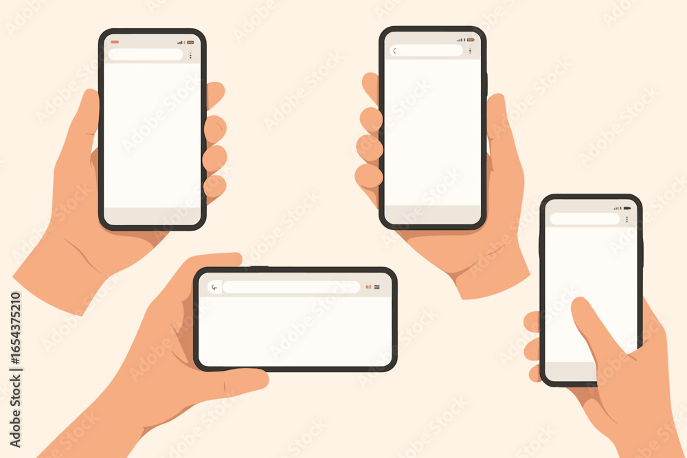Aufkleber hand holding mobile phone mockup vector set. collection of hands with smartphone showing blank empty